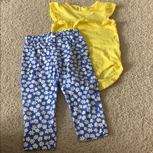 Toddler girls matching pants and yellow onesie